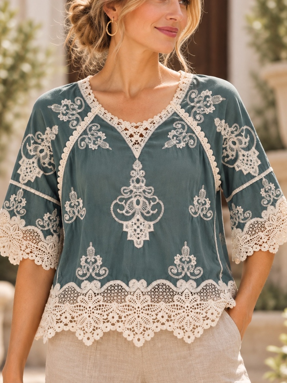Democracy M Embroidered Lace Green Top Romantic Boho Feminine Bell Sleeves Soft